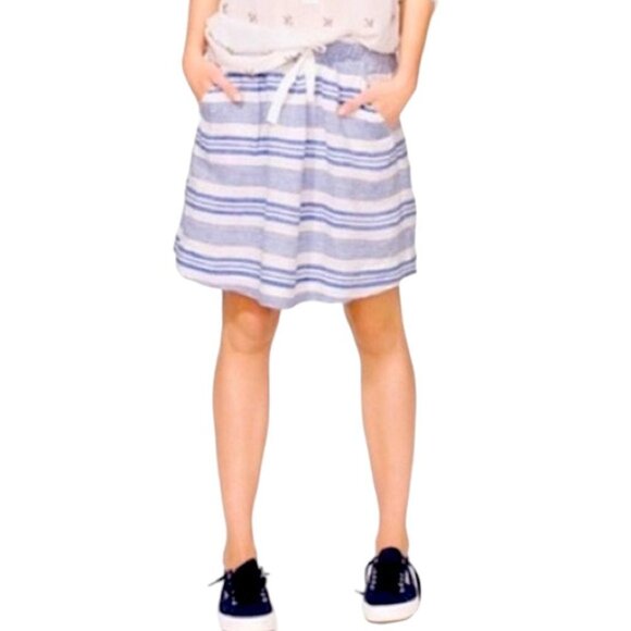 J. Crew Linen Blue White Stripe Drawstring Mini Skirt - Picture 2 of 10